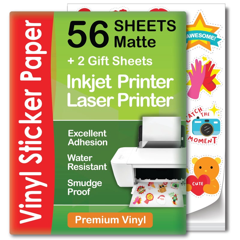 AgoDeo Premium Printable Vinyl Sticker Paper for Inkjet & Laser Printer - 56 Sheets Self-Adhesive Sheets Matte White Waterproof, Dries Quickly Vivid Colors, Holds Ink Well - Tear Resistant - Image 1